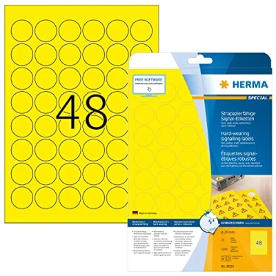 Image of HERMA Self Adhesive Film Labels, 48 Labels per A4 Sheet, 25 Sheets, Ø 30 mm, 1200 Blank Weatherproof Round Stickers, Sticky Dots for Laser &amp; Inkjet Printer, Yellow