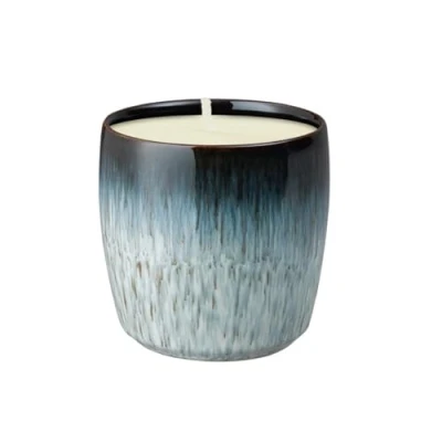 Image of Denby Halo Ceramic Candle Hand Poured Natural Wax 40 Hour Burn Time Jasmine &amp; Patchouli Black, Grey Reactive Glaze Pot in Gift Box