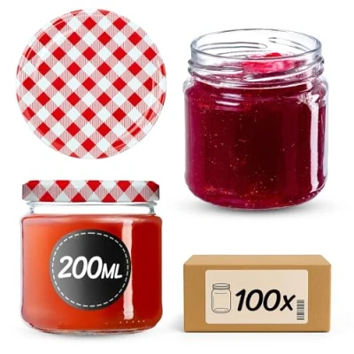 Image of KADAX Glass Jars 200 ml, Small Preserving with Metal Lids for Homemade Jam and Honey, Storing Spices Herbs (Red Grid, Set of 100)