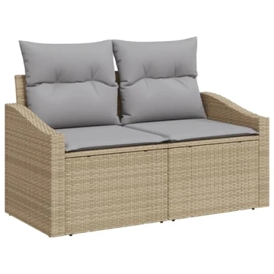 Image of vidaXL 2 Seater Garden Sofa with Storage&amp;Cushions Beige Poly Rattan