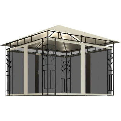 Image of vidaXL Gazebo with Mosquito Net&amp;LED String Lights 3x3x2.73 m Cream