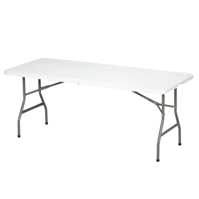 Image of Outsunny 180 x 75cm Folding Garden Table, Outdoor HDPE Picnic Table for 6, Rectangular Patio with Metal Frame, White