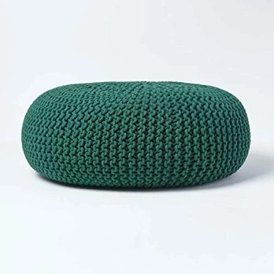 Image of HOMESCAPES Forest Green Knitted Pouffe Footstool Occasional Seat Bean Filled 100% Cotton for Living Room Children or the Elderly