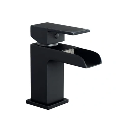 Image of ENKI, Plaza, BBT0272, Matt Black Basin Mixer Tap, Square Waterfall Open Spout Design