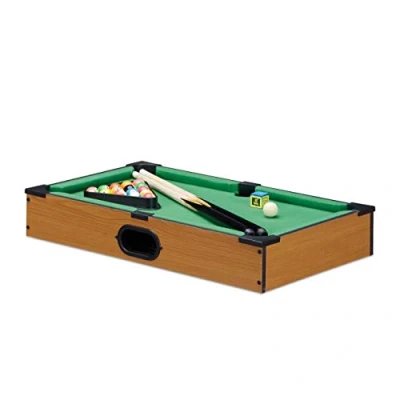 Image of Relaxdays Tabletop Billiards Game, Wood Look Mini Pool Table, with 2 Cues, Balls, Rack and Chalk, W x D: 51 31 cm, Green