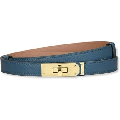 Image of baizhong Women Skinny Leather Belt Classic Solid Color Alloy Turn Lock Ladies Adjustable Slim Thin Waist （Dark Blue/Gold）