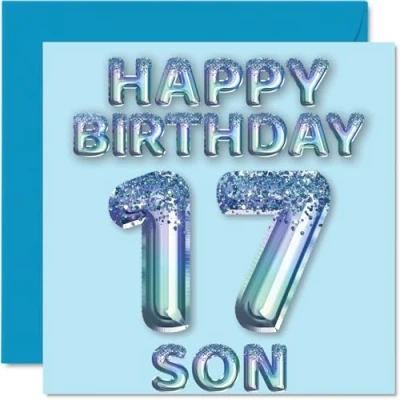 Image of 17th Birthday Card for Son Blue Glitter Party Balloons Happy Cards 17 Year Old from Mum Dad Parents, 145mm x Bday Greeting Gift