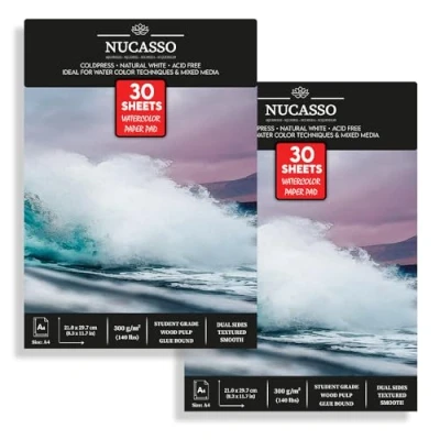 Image of NUCASSO Watercolour Paper Pad Pack of 2 A4 x 30 Sheets Natural White 300 GSM Student Grade, Cold Pressed, Glue Bound Water Colour Sketchbook for Wet, Dry &amp; Mixed Media (30 Packs)
