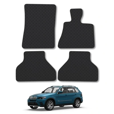 Image of Rubber Car Mats Compatible with BMW X5 (2007 2013) [E70] Tailored Fit Floor Set Accessory Black Custom 4 Pieces Clips Anti Slip Backing, Heavy Duty &amp; Waterproof