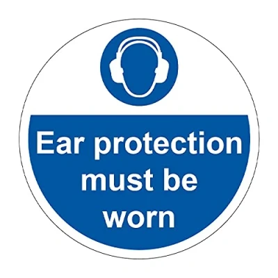 Image of Ear Protection Must Be Worn Safety Floor Sign, Hard Wearing Non Slip/Abrasive Lamination, R9 Grade For Slip Resistance, High Strength Adhesive Backing, 400mm Diameter