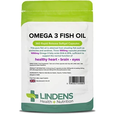Image of Lindens Omega 3 Fish Oil 1000mg Capsules 360 Pack UK Manufacturer 1050mg Fatty Acids DHA &amp; EPA Per 2 Supports Normal Function of Heart, Brain Eyes Letterbox Friendly