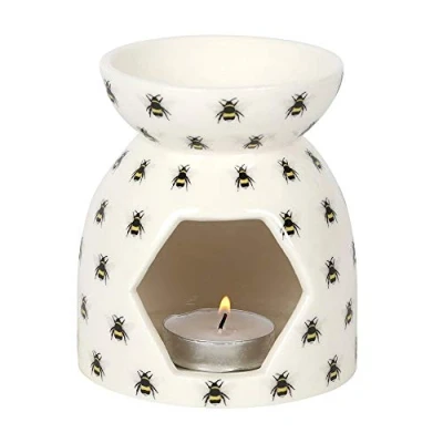 Image of Cheerful All Over Bee Print White Oil Burner 14cm x 13.2cm (1 Pc.) Simple and Stylish Ceramic Design, Ideal for Fragrancing Your Home with Diluted Oils or Wax Melts