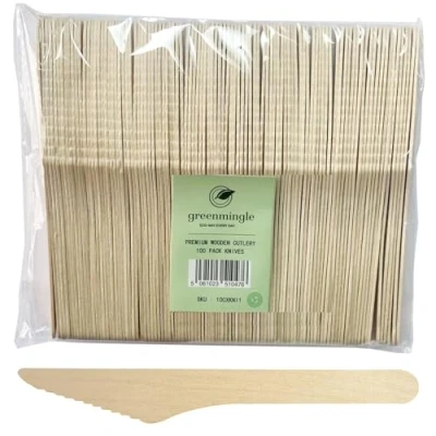 Image of GreenMingle Wooden Biodegradable Compostable Disposable Cutlery 100% Birchwood (100 KNIVES)