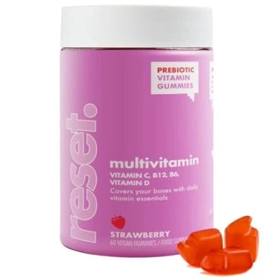 Image of Reset This. Multivitamin Gummies 60 Vegan Strawberry Flavour Chewable Gummy Vitamin C &amp; D, B12, B6, Essential Vitamins Minerals, Reduces Tiredness Fatigue Gluten Free Natural Flavours Prebiotic
