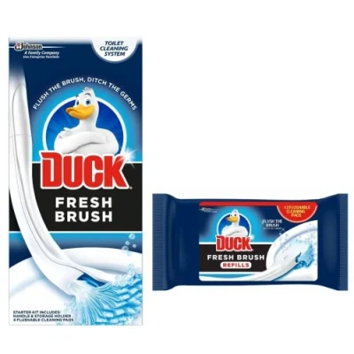 Image of Toilet Duck Fresh Brush with Holder Bowl Cleaner Starter Kit [1 Handle + 4 Refills] Refill (12 Flushable Cleaning Pads)