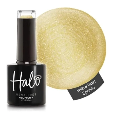 Image of Halo Gel Polish 8ml Yellow Gold Sparkle. UV/LED Nail Polish, Long Lasting &amp; Easy To Apply. Soak Off Art Colours For Manicure Pedicure. Professional Home Use.