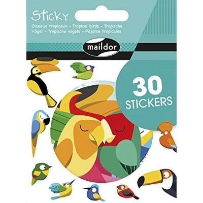 Image of Maildor Ref AE178C Sticky Large Stickers Pack (30 Included) Tropical Birds Designs 7.5 x 7.5cm, Individually Backed, Easy to Peel Backing