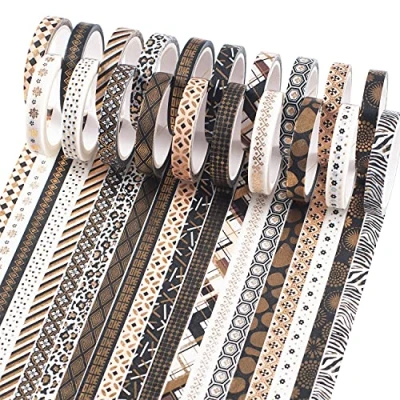 Image of YUBX 20 Rolls Washi Tape Set Black Gold Foil Print Decorative Masking Tapes for Arts, DIY Crafts, Bullet Journals, Planners, Scrapbook, Wrapping 7mm (Slim 20)