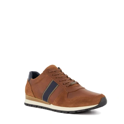 Image of Dune Mens Treck Stripe Detail Runner Trainers Size UK 11 Flat Heel Dark Tan
