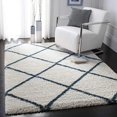 Image of Safavieh Shaggy Rug for Living Room, Dining Bedroom Hudson Shag Collection, High Pile, in Ivory and Slate Blue, 91 X 152 cm