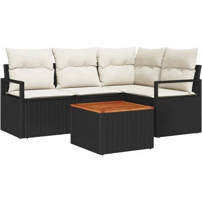 Image of vidaXL 5 Piece Garden Sofa Set with Cushions Black Poly Rattan Acacia