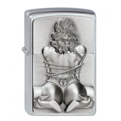 Image of Zippo Windproof Lighter Bondage Girl Brushed Chrome Emblem Refillable for Lifetime Use Adjustable Flame Gift Box Metal Construction Made in USA