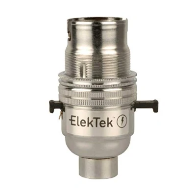Image of ElekTek Special Safety Switch lamp Bulb Holder B22 BC Bayonet Shade Ring, 10mm/M10 x1 Bottom Entry, Chrome, Child Safe Push Bar Locks Off to Cut Power if not Inserted Made in UK