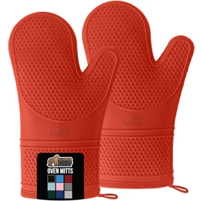 Image of Gorilla Grip BPA Free Soft Silicone Oven Mitts, Heat and Slip Resistant Thick Cotton Lined Cooking Mitt Set, Long Flexible Potholders Protect Hands, Kitchen Essential Waterproof Gloves, 12.5&quot; Coral
