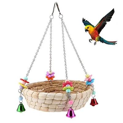 Image of Bird Parrot Toy,Parrot Nest, Natural Hand Woven Straw Nest Bed Swing with 4 Metal Bells,Swing for Birds,Perched