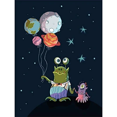 Image of Wee Blue Coo Aliens Space Planet Balloons Art Print Poster Wall Decor 12X16 Inch