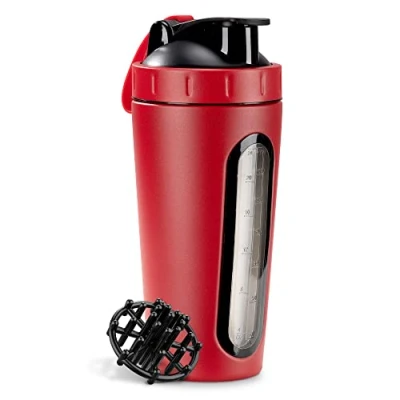 Image of Navaris Stainless Steel Protein Shaker 750ml Nutrition Drink Bottle with Mixer Blend Ball 0.75 Litre Red