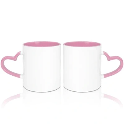 Image of MR.R 11oz Sublimation Blank Coffee Mugs,Cup White Mug Cup with Pink Color Inner and Heart Handle,Set of 2