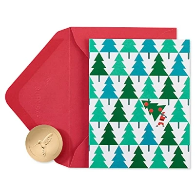 Image of Papyrus Boxed Christmas Cards with Envelopes, Be Merry and Bright, Glitter Free Santa Pine Trees (20 Count)