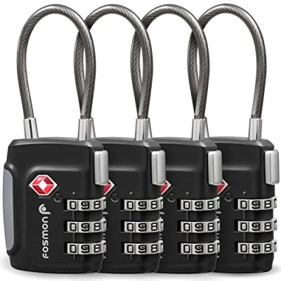 Image of Fosmon TSA Accepted Cable Luggage Locks, (4 Pack) Re settable Easy to Read 3 Digit Combination with Alloy Body and Release Button for Travel Bag, Suit Case &amp; Black