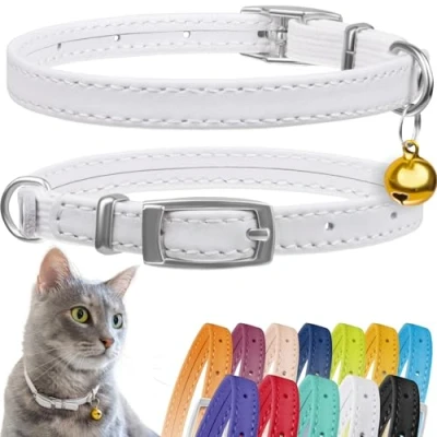 Image of CollarDirect Leather Cat Collar, Safety Collar with Elastic Strap, Kitten for Bell Black Blue Red Orange Lime Green (Neck Fit 9&quot; 11&quot;, White)