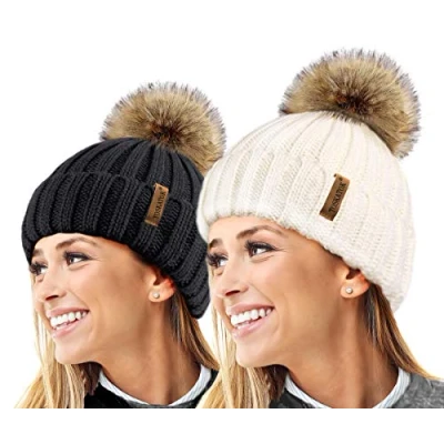 Image of TOSKATOK 2 Pack Womens Warm Winter Hat Woolly Knitted Beanie with Detachable Chunky Faux Fur Bobble Pom Black Cream