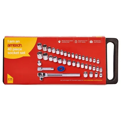 Image of Amtech I0100 Socket Set, Mechanics Tool Kit, 40 Piece Chrome Plated Carbon Steel, Assortment of 1/4&quot;and 3/8&quot;, Storage Case