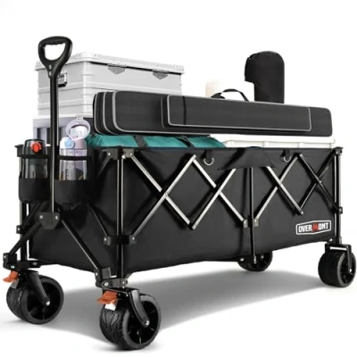 Image of Overmont 300L Extra Large Folding Festival Trolley Cart All terrain Wide Wheels and Brake Heavy Duty Load up 200KG with Adjustable Handle &amp; Cover Bag Wagon for Beach Camping Garden