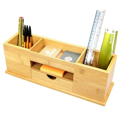 Image of Woodquail Desk Tidy Organiser with Drawer Wide Stationery 5 Compartments, Made of Natural Bamboo