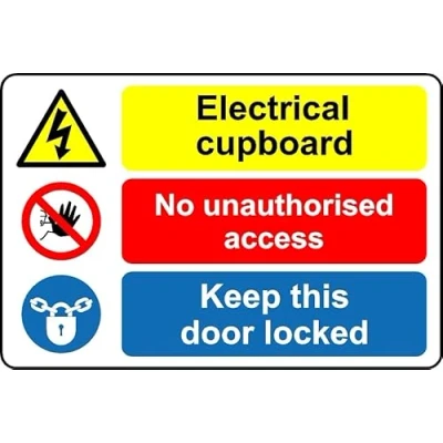 Image of Electrical Cupboard Keep The Door Locked Safety Sign Self Adhesive Sticker (400mm x 300mm)