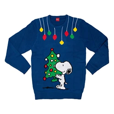 Image of The Peanuts Unisex Christmas Jumper Snoopy Winter Knitted Pullover Sweatshirt Ugly Sweater for Men and Women blue, S