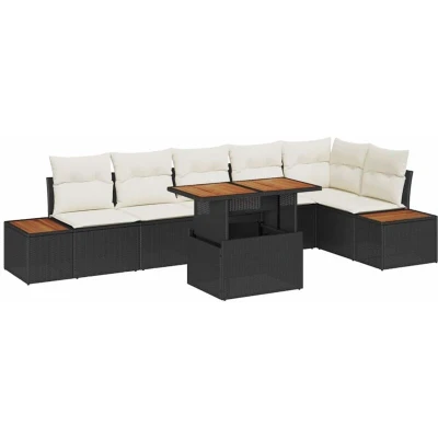 Image of vidaXL 7 Piece Garden Dining Set with Cushions Black Poly Rattan Acacia