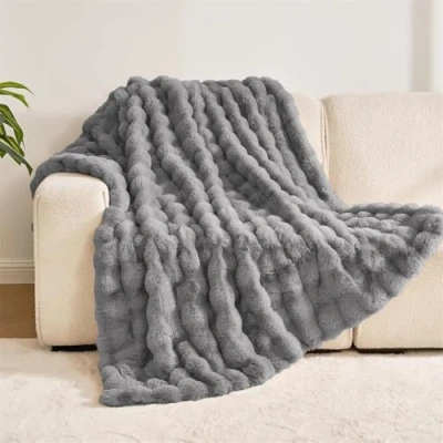 Image of FASCINATDECO Soft Warm Rabbit Plush Fleece Throw Blanket Thick 1000 GSM Throws for Sofas Large Fluffy Bed Couch Travel Kids Decor, Light Grey, 130x160cm