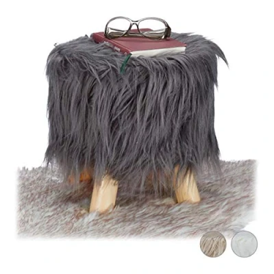 Image of Relaxdays Faux Fur Stool, Fluffy, 4 Wooden Legs, Padded Footstool, Round, Decorative Stand HxD: 31x31 cm, Grey, Fibreboard, Size