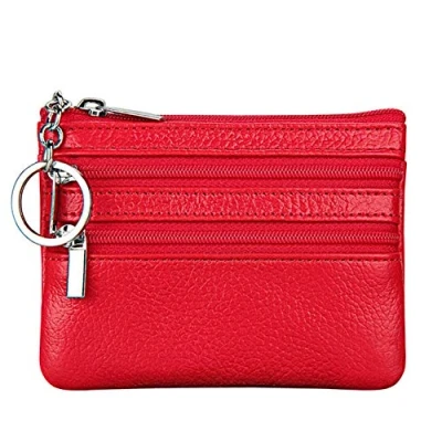 Image of Women&#039;s Genuine Leather Coin Purse Mini Pouch Change Wallet with Keychain,red
