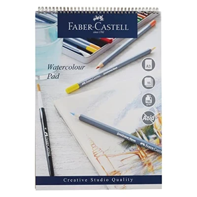 Image of Faber Castell Creative Studio Watercolour Pad, A3, Acid Free Spiral Bound Paper, 190 GSM, 15 Sheets For Paint, Pencils And Markers, Arts, Craft, Home School