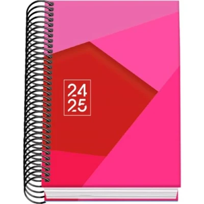 Image of DOHE School Diary 2024 2025 Day by Page, Size A6 (12 x 17 cm), Ring Closure, Hardcover, Spanish and English, September to June, Supplies TANGRAM Pink