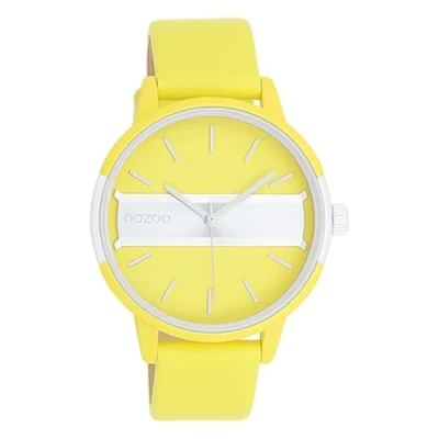Image of Oozoo Women&#039;s Watch with Leather Strap Color Line Insert in Dial 42 mm Diameter neon Colours, yellow, Strap.