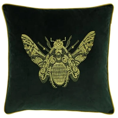Image of Paoletti Cerana Embroidered Bee Piped Velvet Feather Filled Cushion Emerald One Size