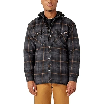 Image of Dickies Men&#039;s Big &amp; Tall Water Repellent Flannel Hooded Shirt Jacket, Black Charcoal Ombre Plaid, M